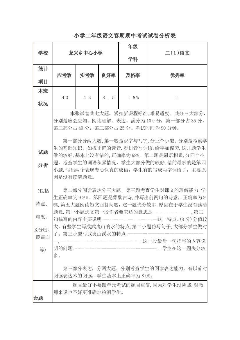 小学二年级语文期中考试试卷分析表