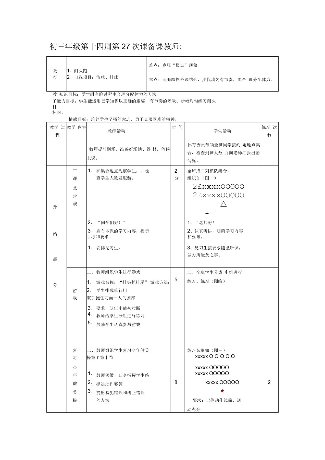 初三体育教案第十四周第27课耐久跑自选项目：篮球、排球