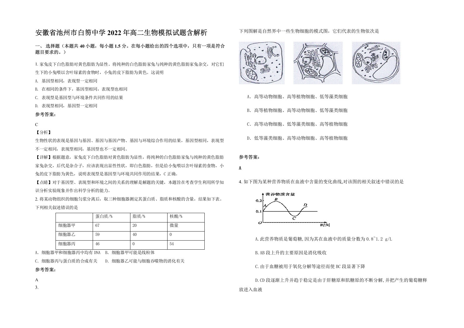 安徽省池州市白笏中学2022年高二生物模拟试题含解析