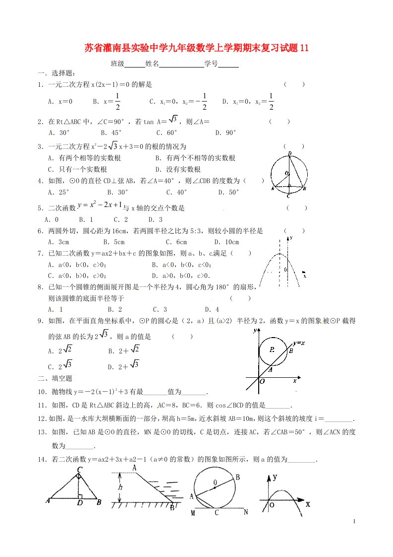 江苏省灌南县实验中学九级数学上学期期末复习试题11（无答案）