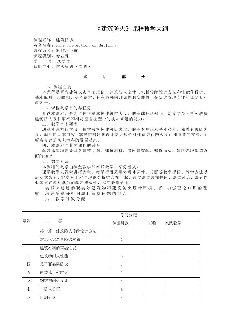 《建筑防火》课程教学大纲