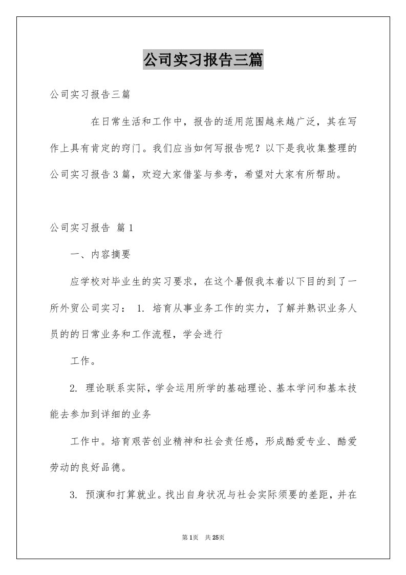 公司实习报告三篇例文1