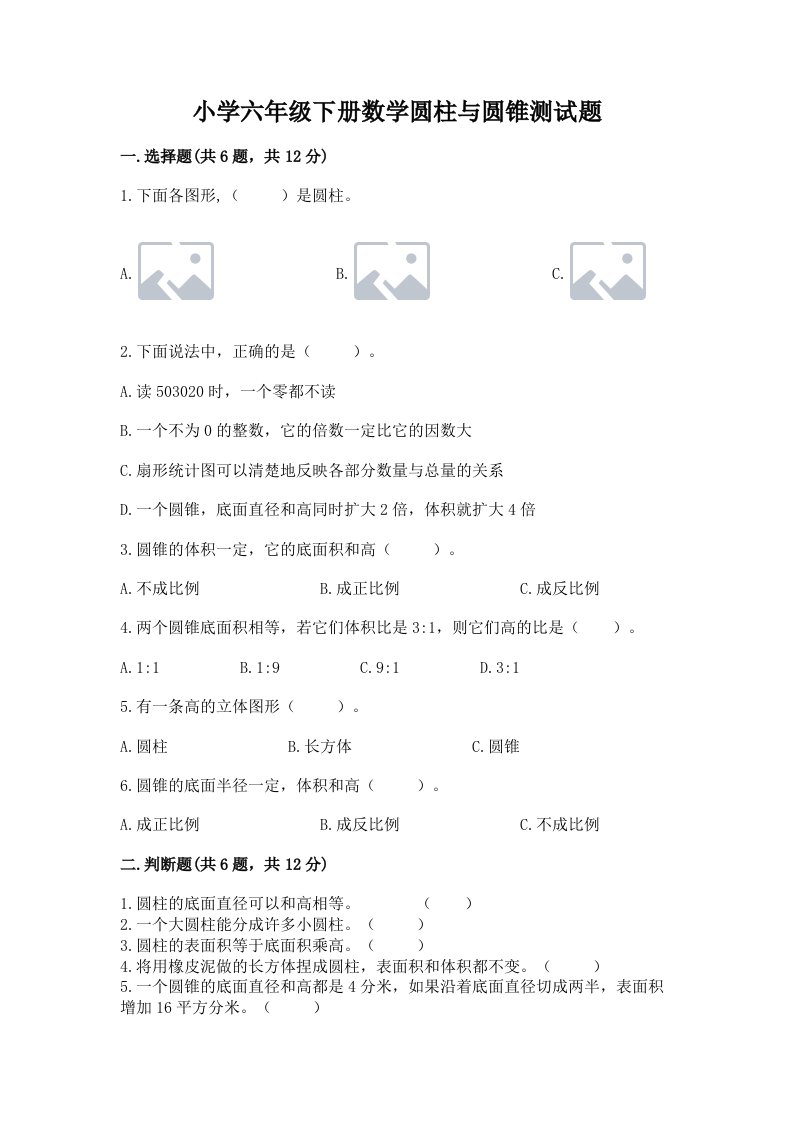 小学六年级下册数学圆柱与圆锥测试题及参考答案【培优】