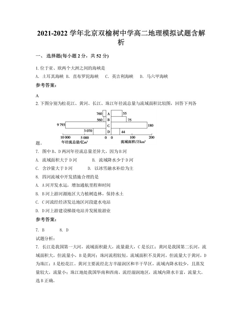 2021-2022学年北京双榆树中学高二地理模拟试题含解析