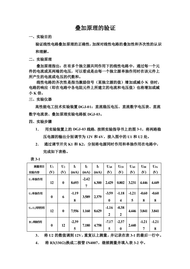 电路实验报告-叠加原理的验证