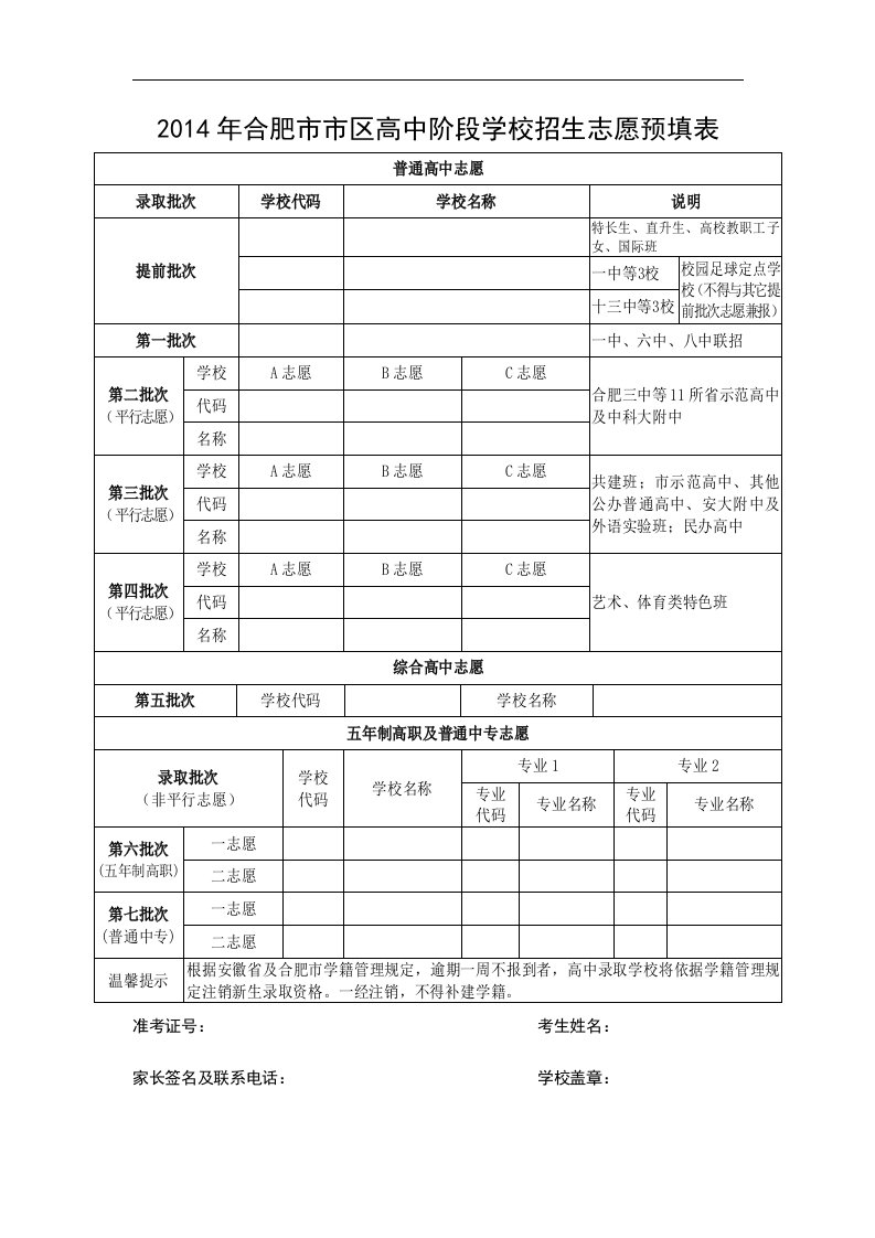 2013年合肥市市区高中阶段学校招生志愿预填表