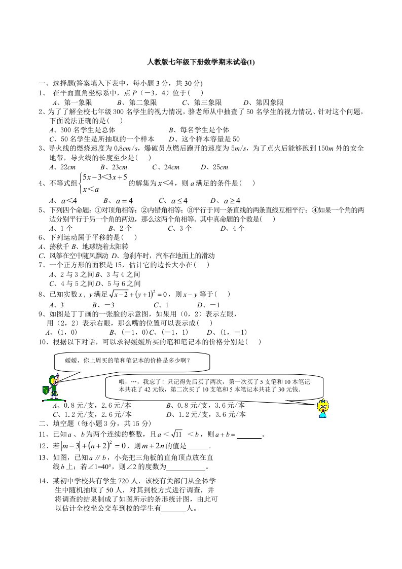 2015年人教版七年级下册数学期末试卷及答案