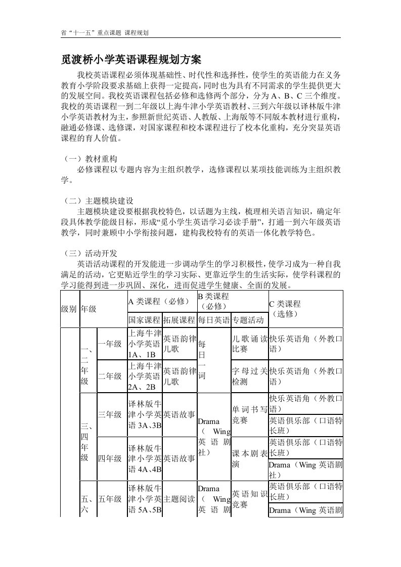 觅渡桥小学英语课程规划方案