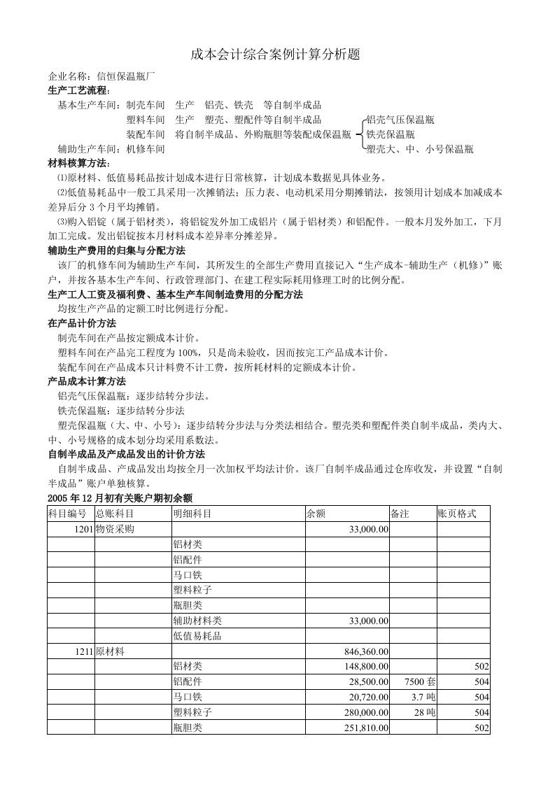 成本会计综合案例计算分析题