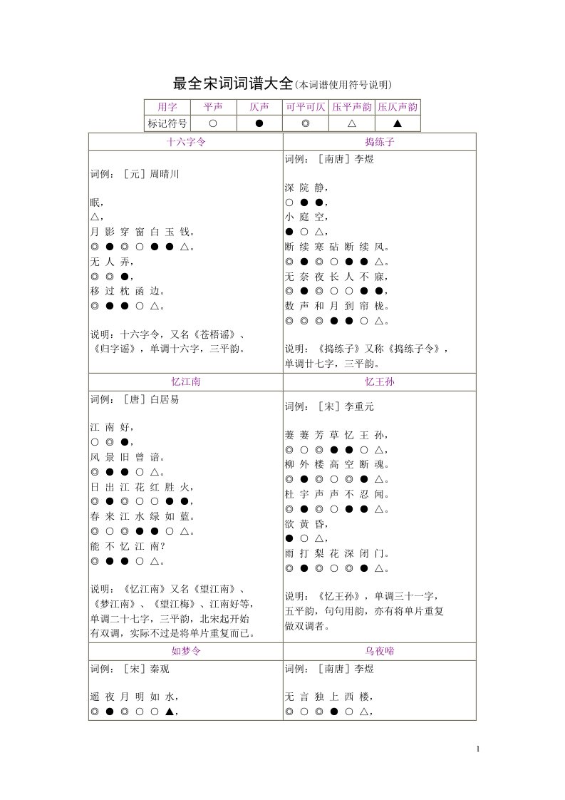 最全的宋词词谱大全