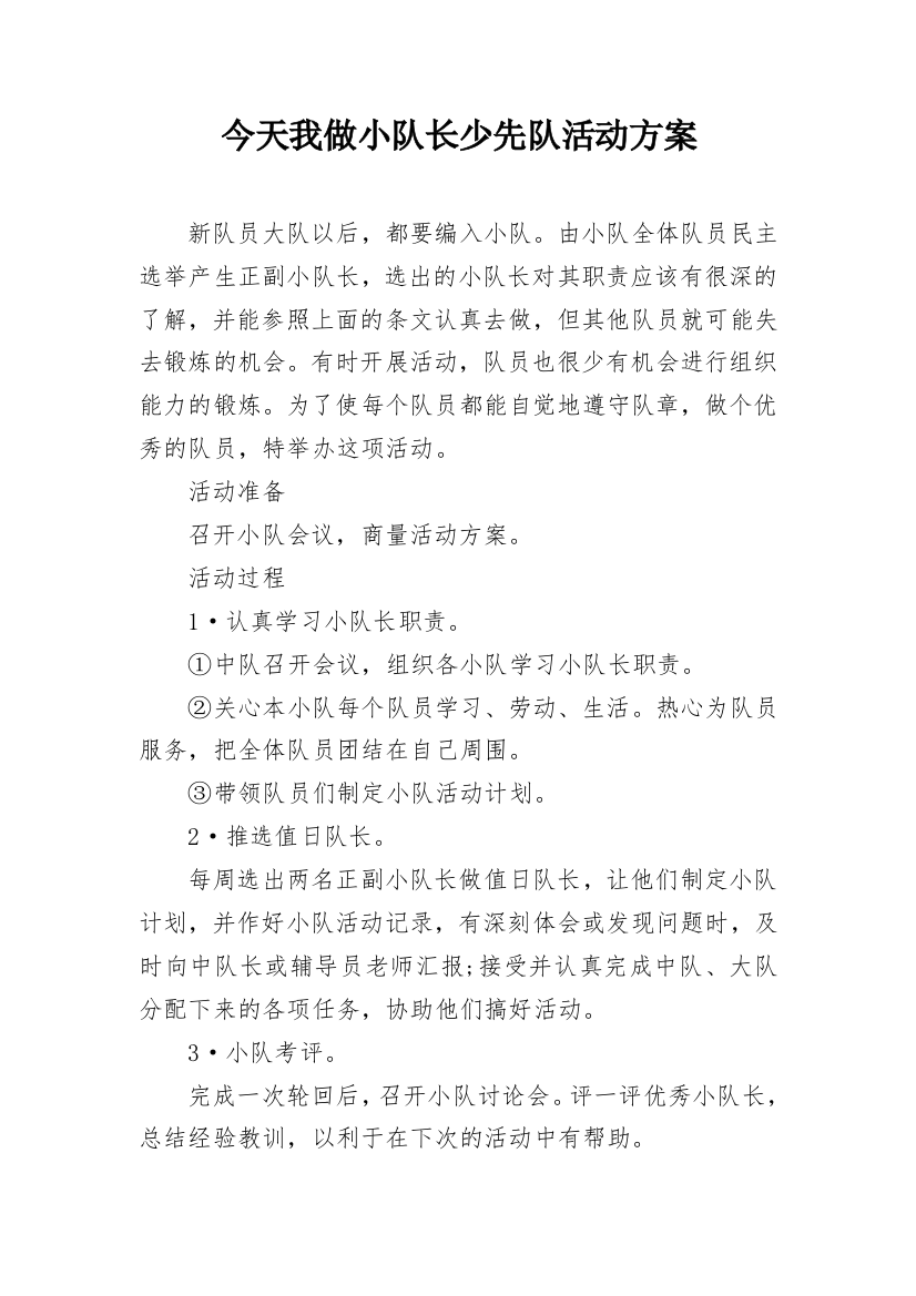 今天我做小队长少先队活动方案