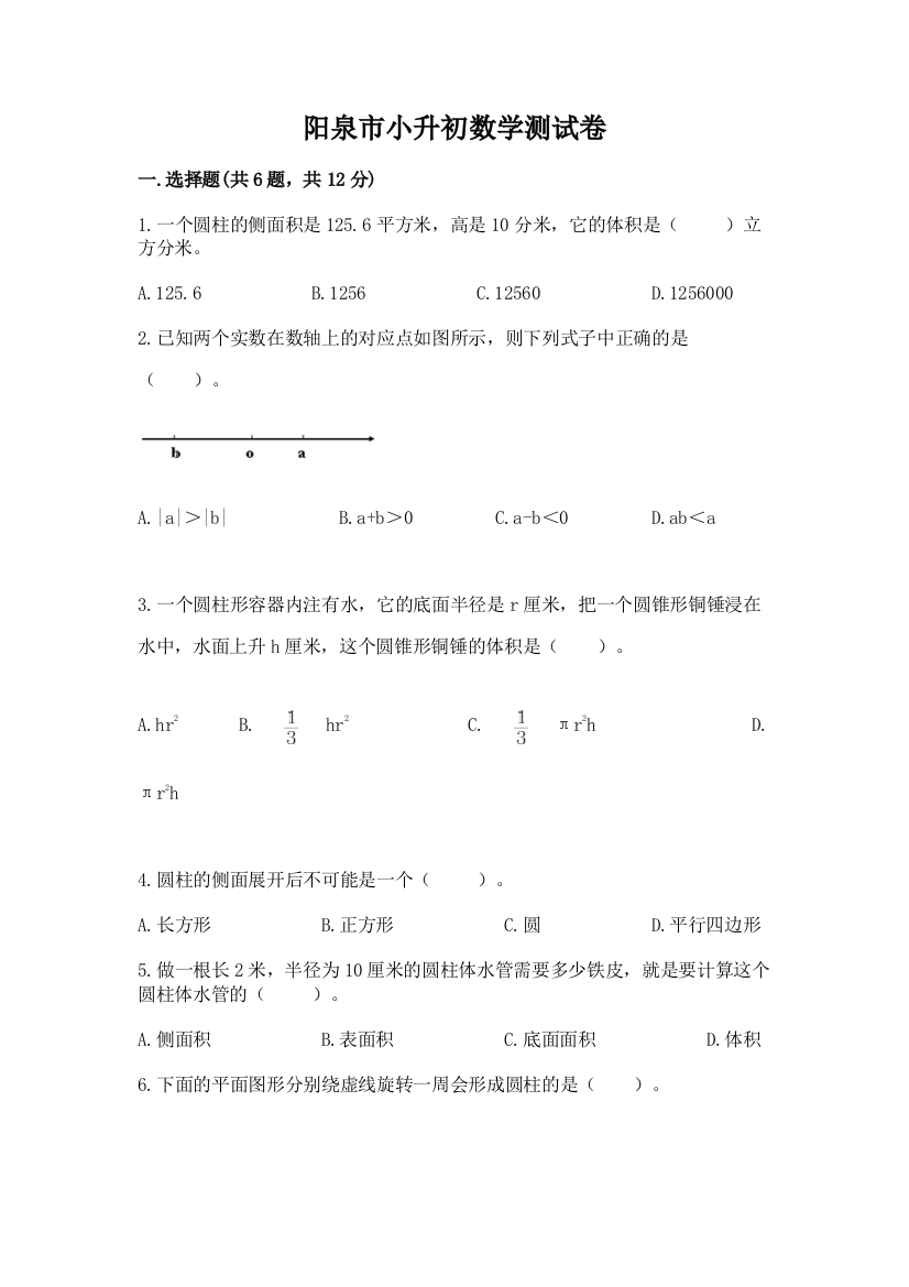 阳泉市小升初数学测试卷精品