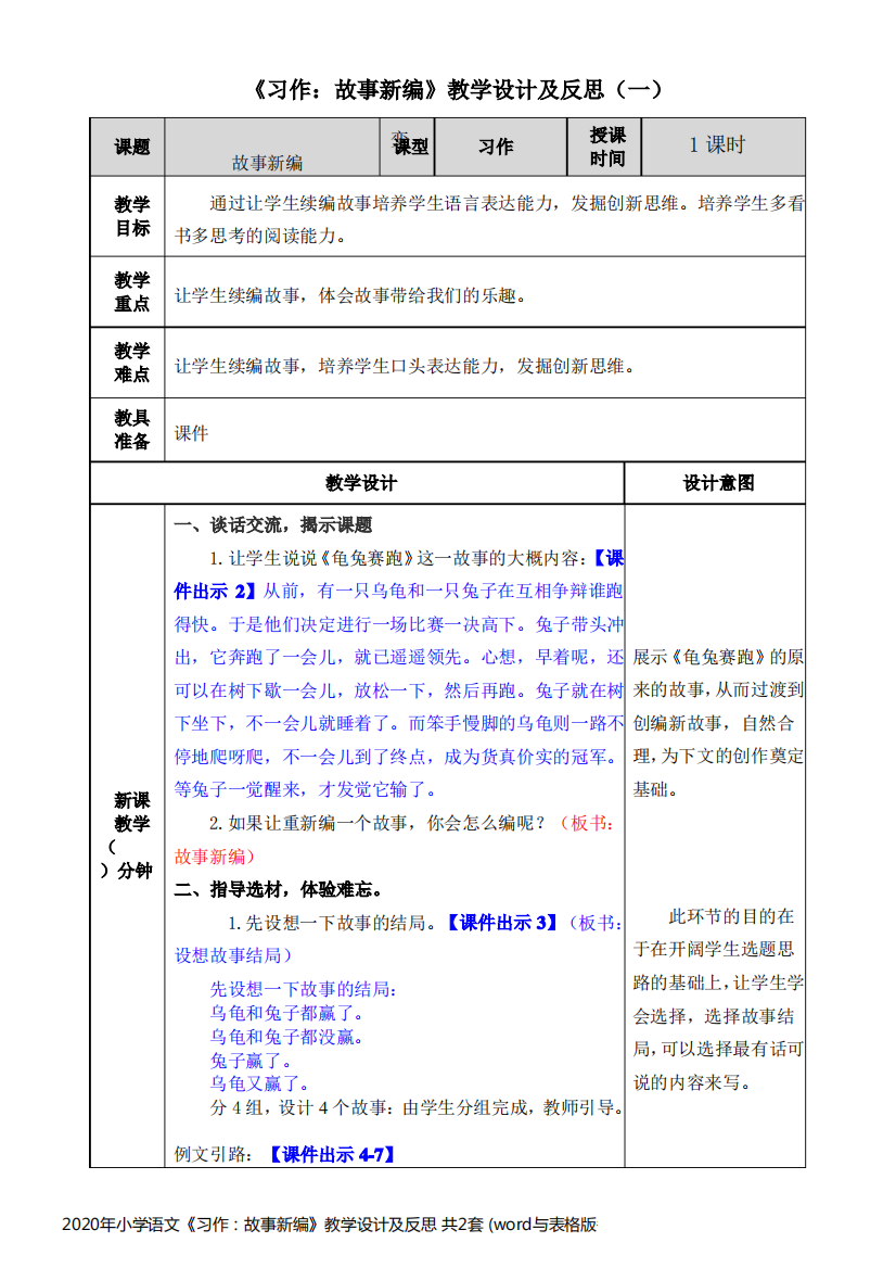 2020年小学语文《习作：故事新编》教学设计及反思