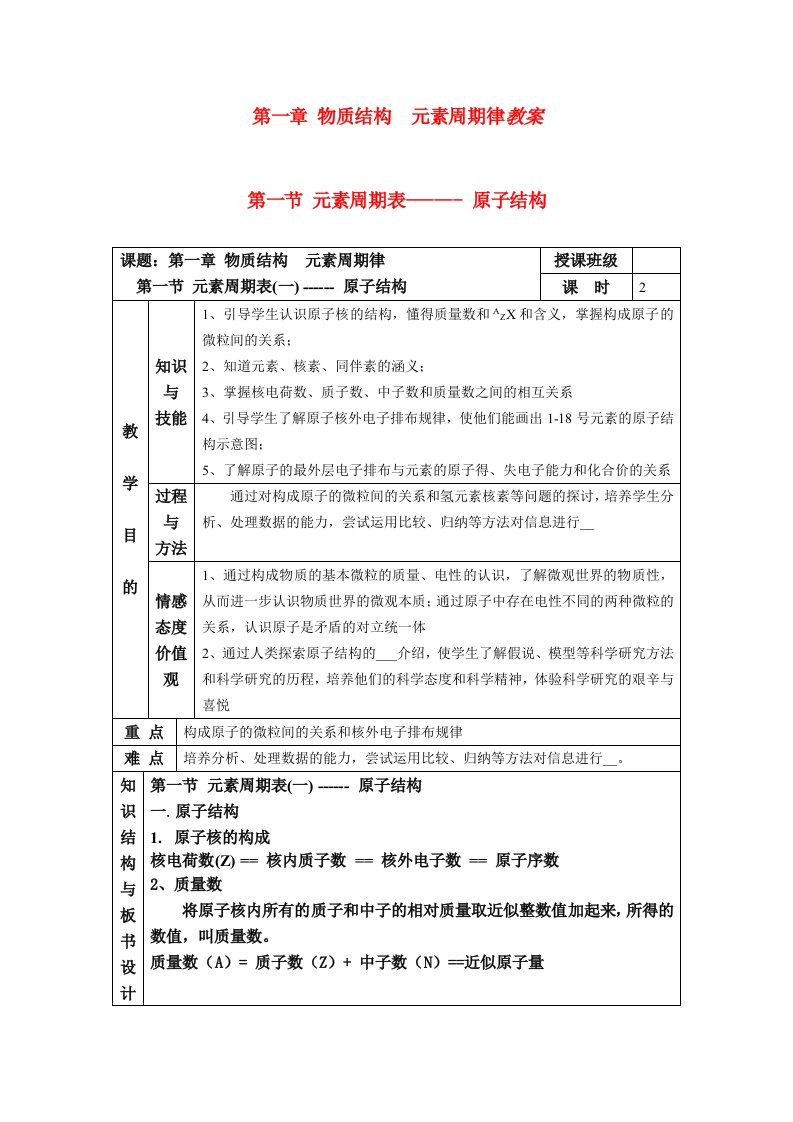 高中化学第一节元素周期表原子结构教案人教版必修