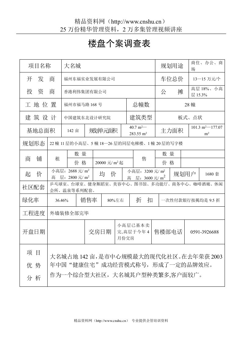 楼盘个案调查分析表