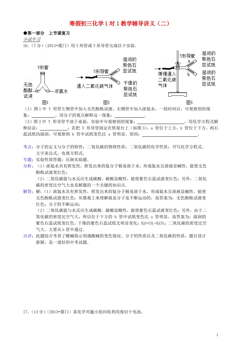 福建省厦门市九年级化学“四大名补”寒假提高培训讲义二