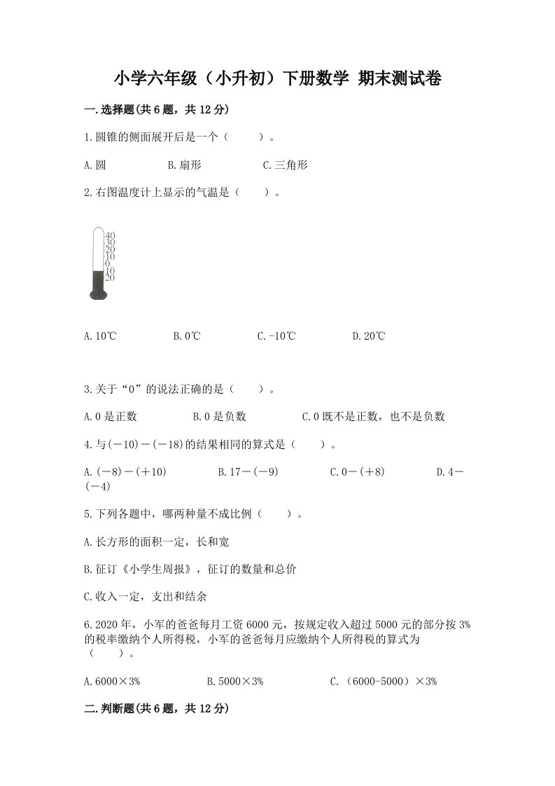 小学六年级（小升初）下册数学