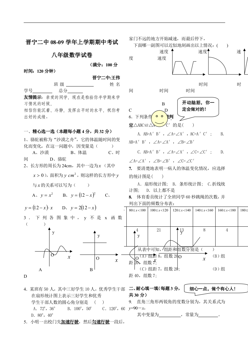 【小学中学教育精选】云南晋宁二中08-09学年八年级上期中试卷--数学