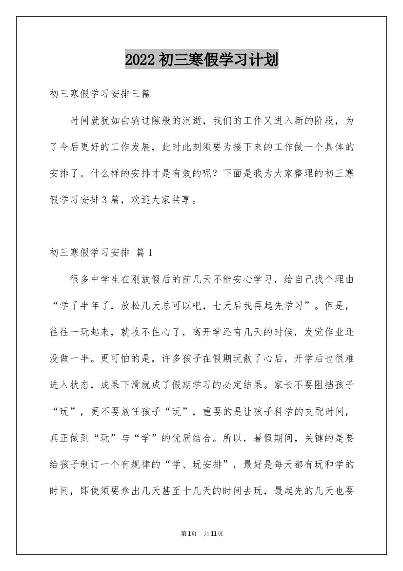 2022初三寒假学习计划