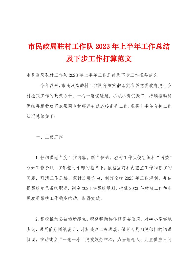 市民政局驻村工作队2023年上半年工作总结及下步工作打算范文