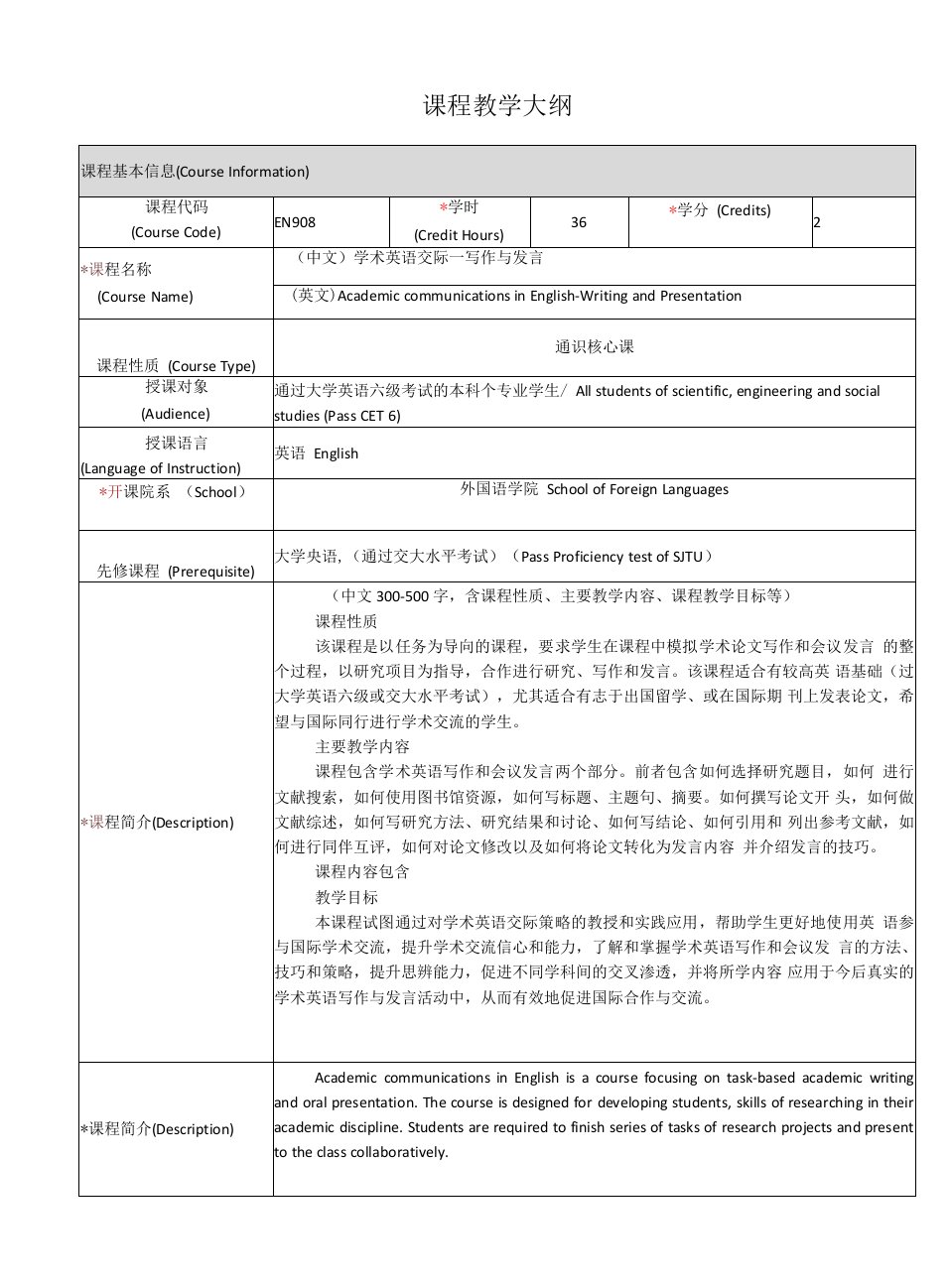 《学术英语交际：写作与发言》课程教学大纲