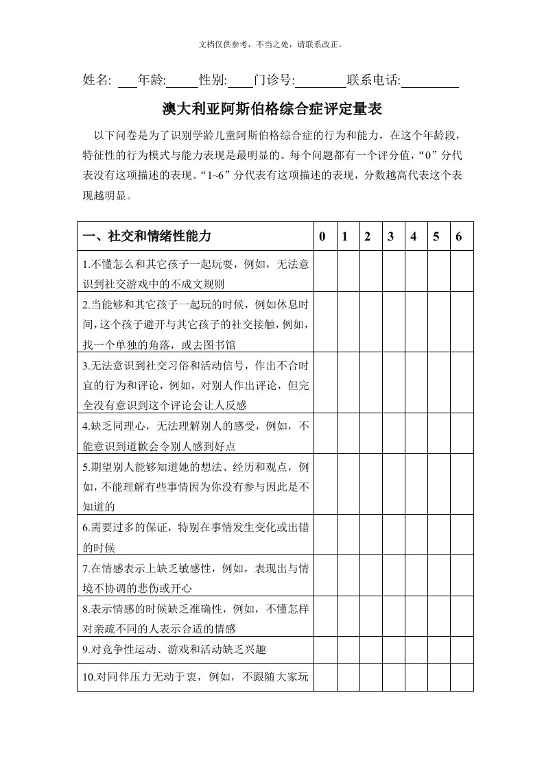 澳大利亚阿斯伯格综合症评定量表(ASAS)