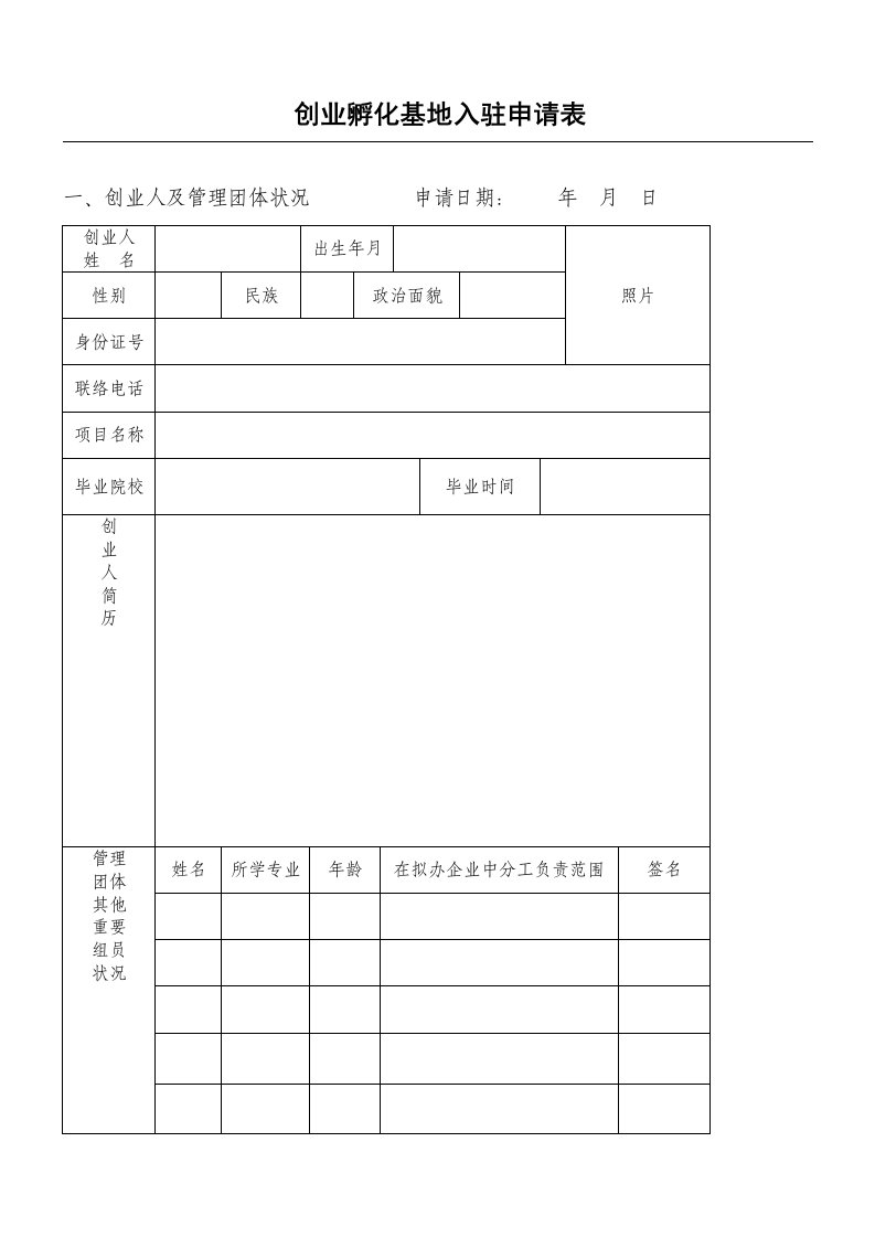 创业孵化基地入驻申请表