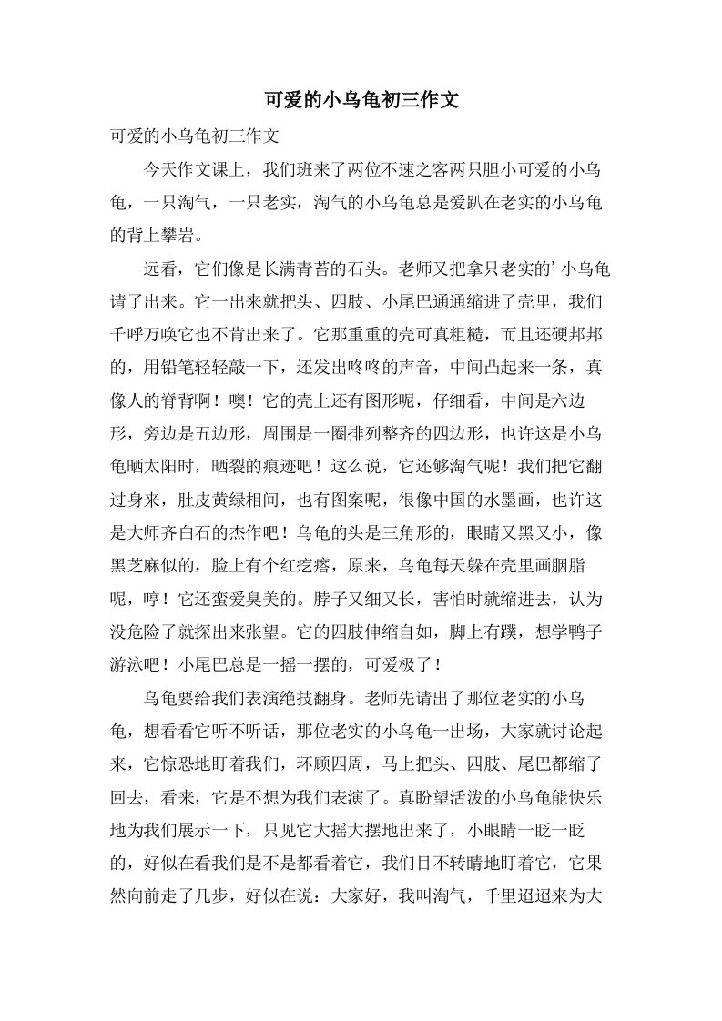 可爱的小乌龟初三作文