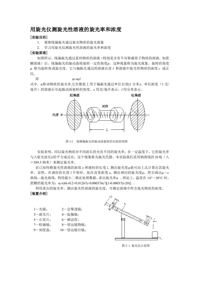 用旋光仪测旋光性溶液的旋光率和浓度