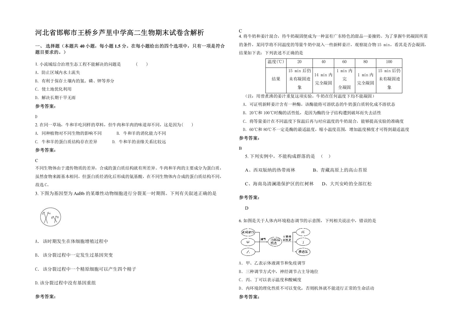 河北省邯郸市王桥乡芦里中学高二生物期末试卷含解析