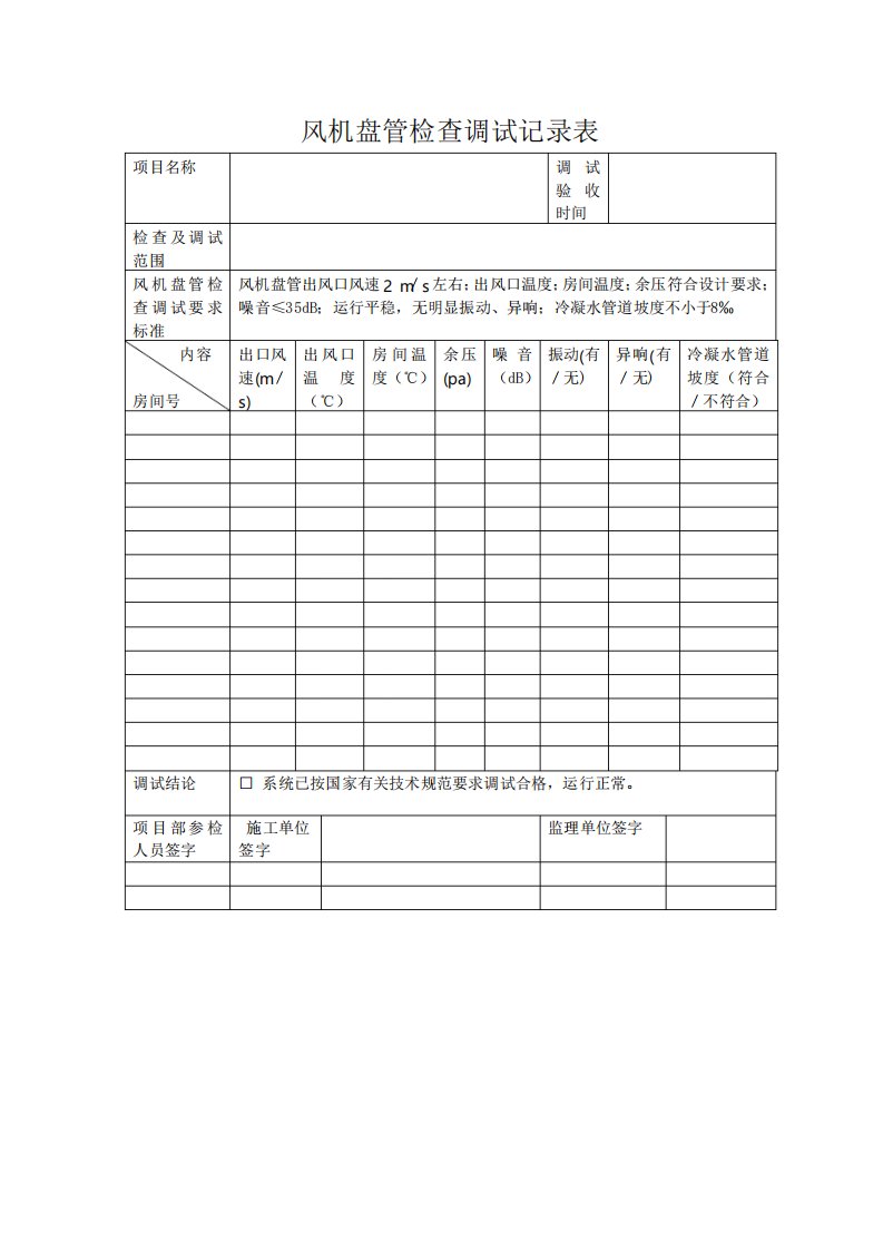 风机盘管调试验收记录表