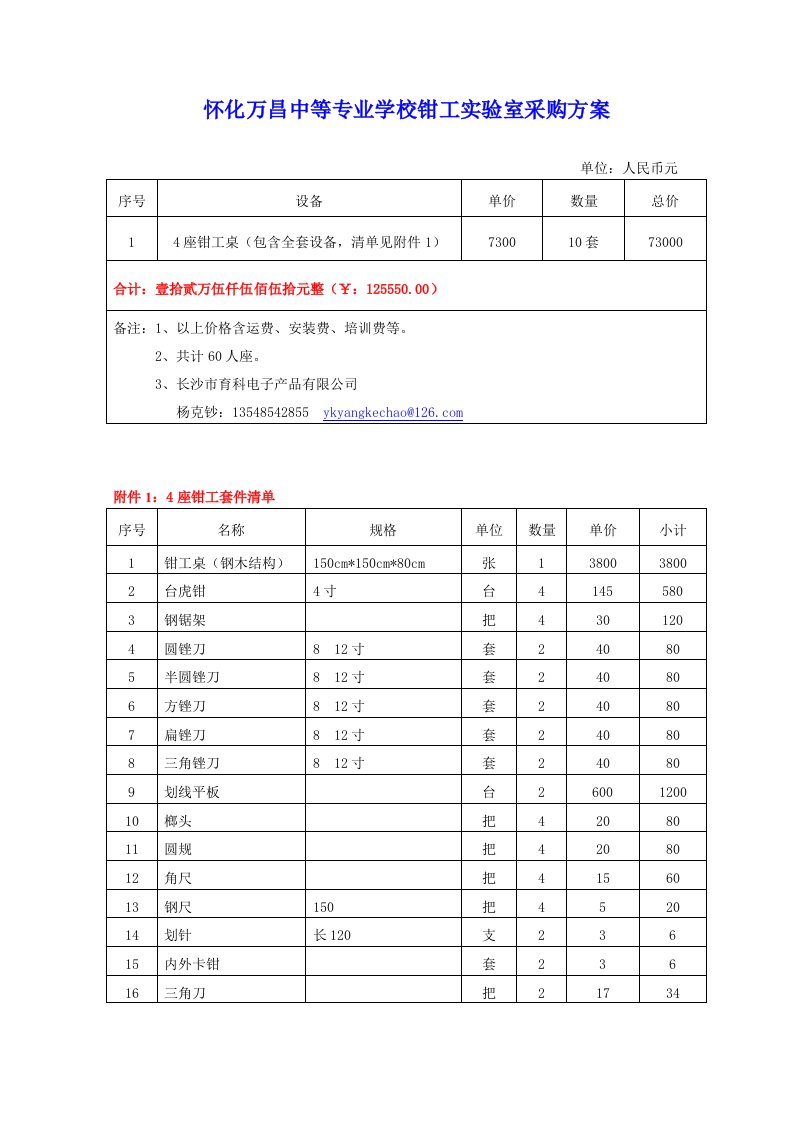 精选怀化万昌中等专业学校钳工实验室采购方案