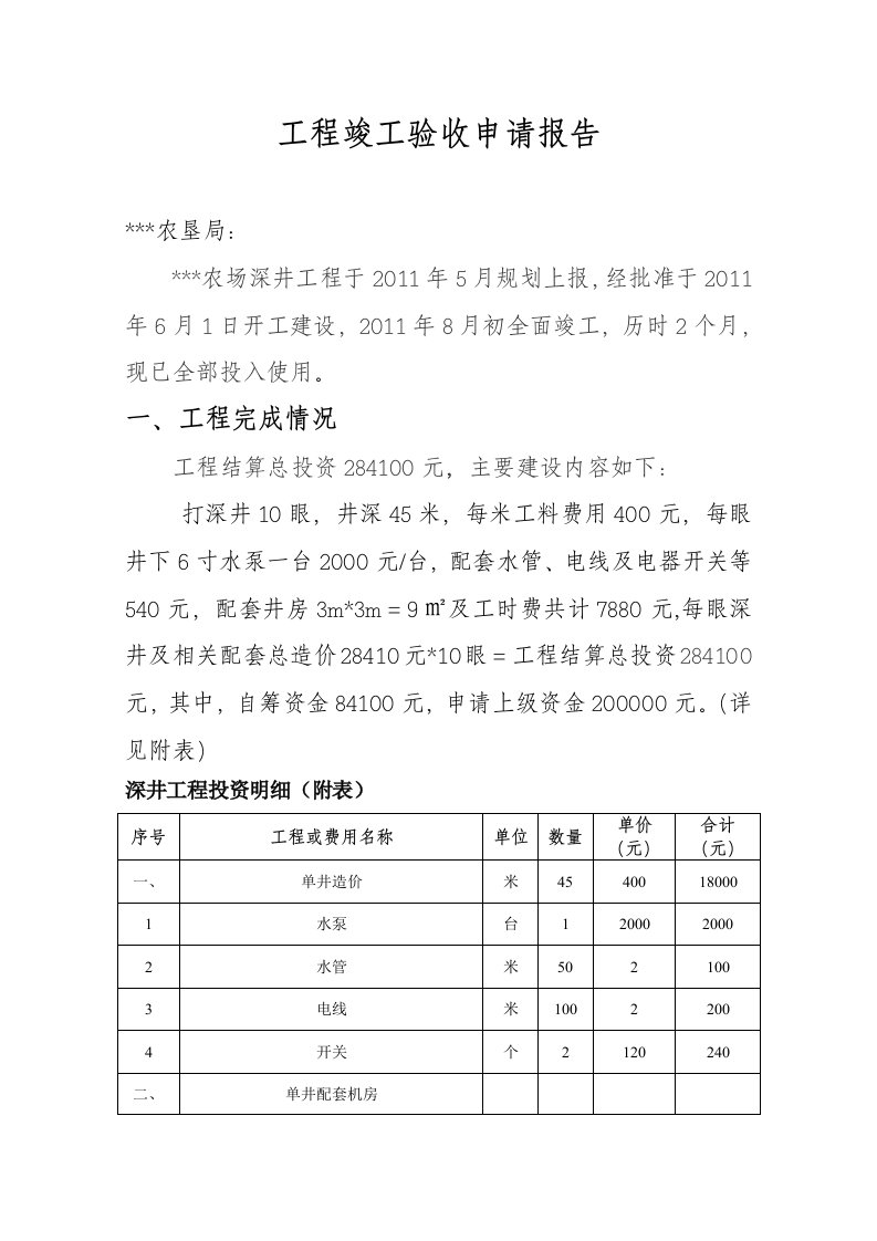 深井工程竣工验收申请报告