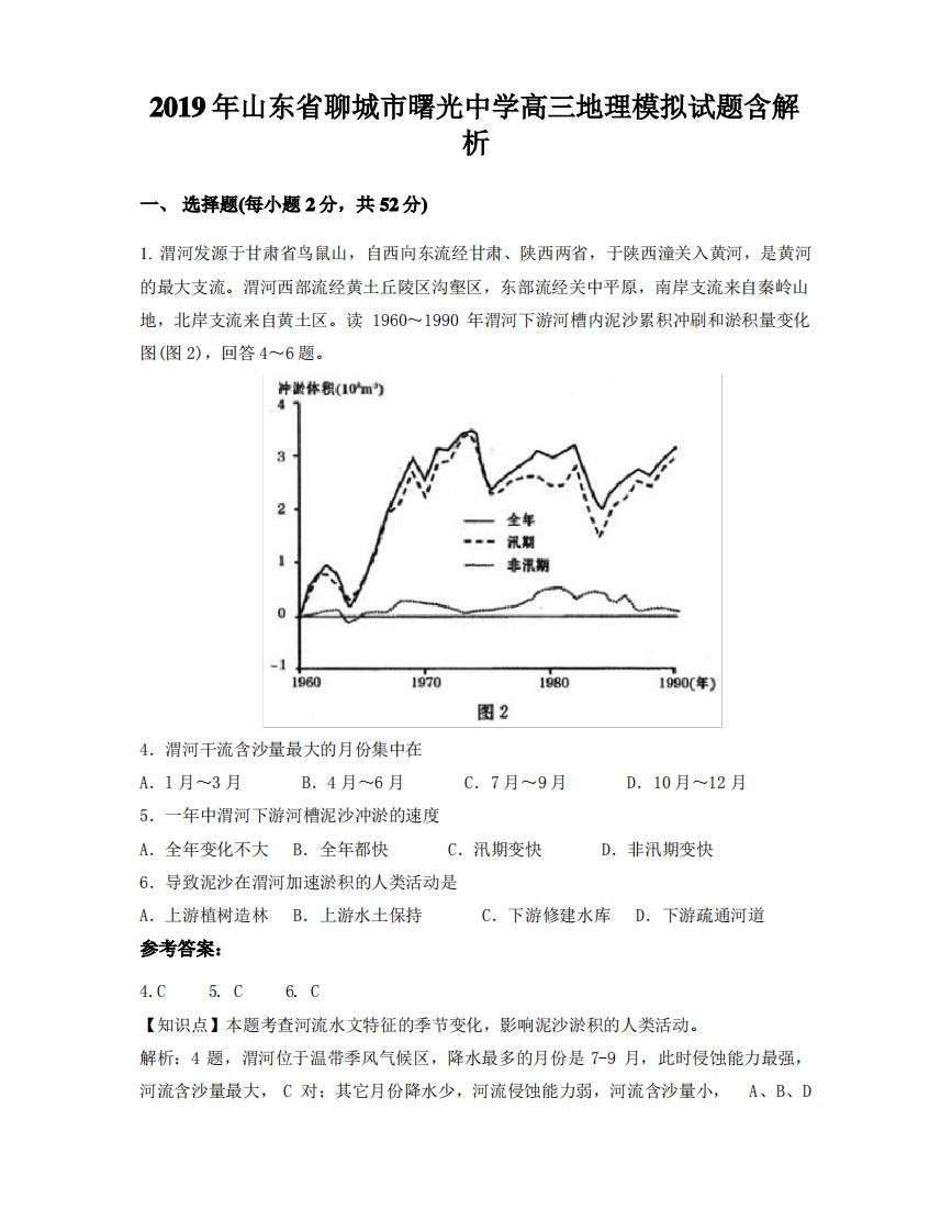 2019年山东省聊城市曙光中学高三地理模拟试题含解析