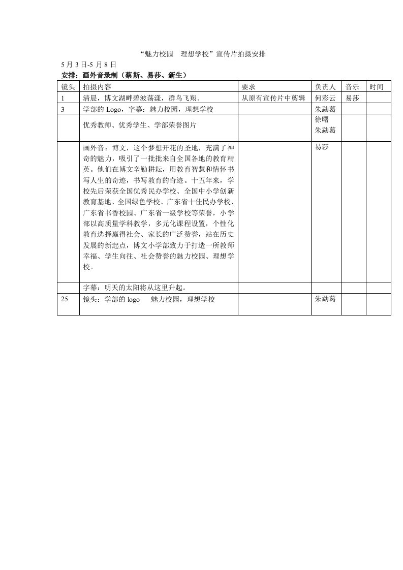 宣传片拍摄具体安排表