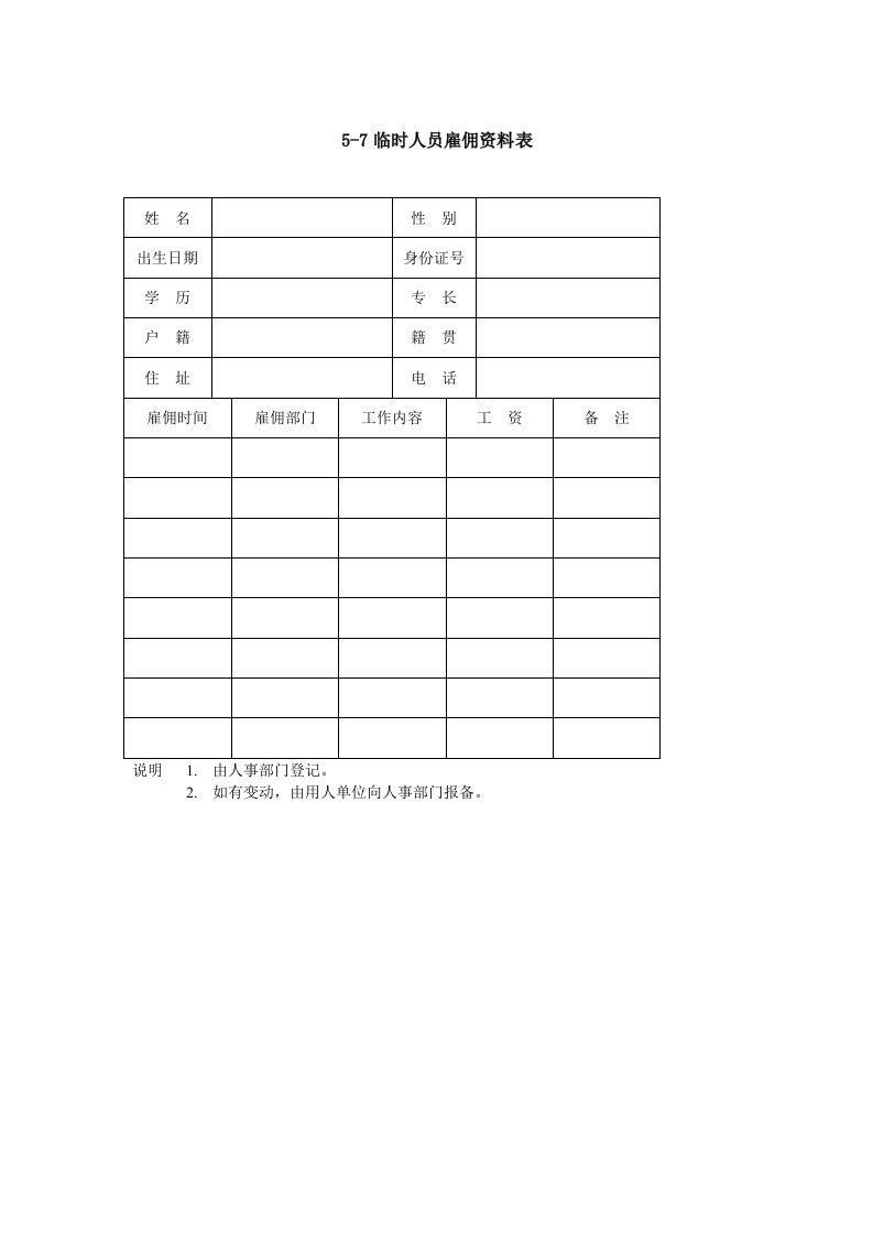 员工管理-临时人员雇佣资料表