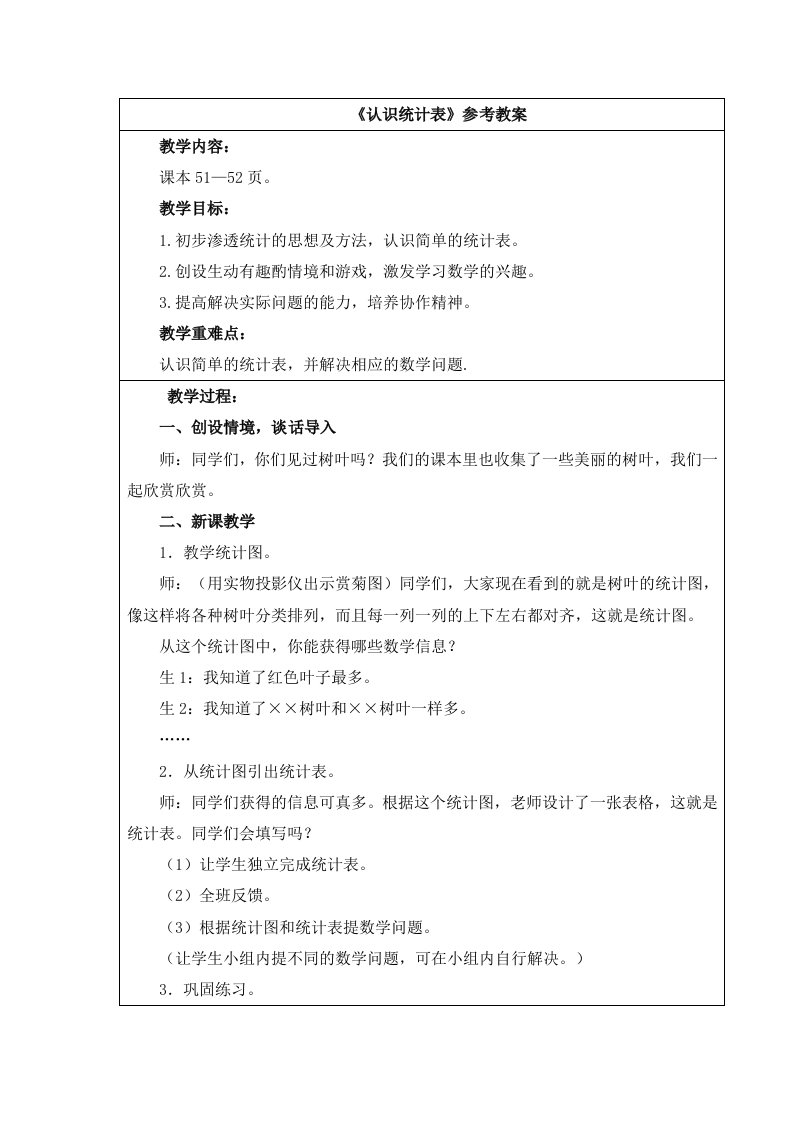 秋冀教版数学二年级上册第六单元《认识统计表》参考教案