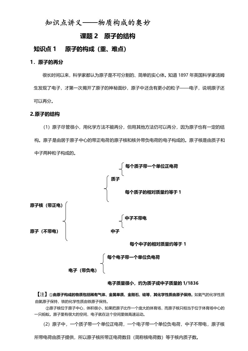 人教版化学九年级上册32原子的结构知识点讲义（无答案）