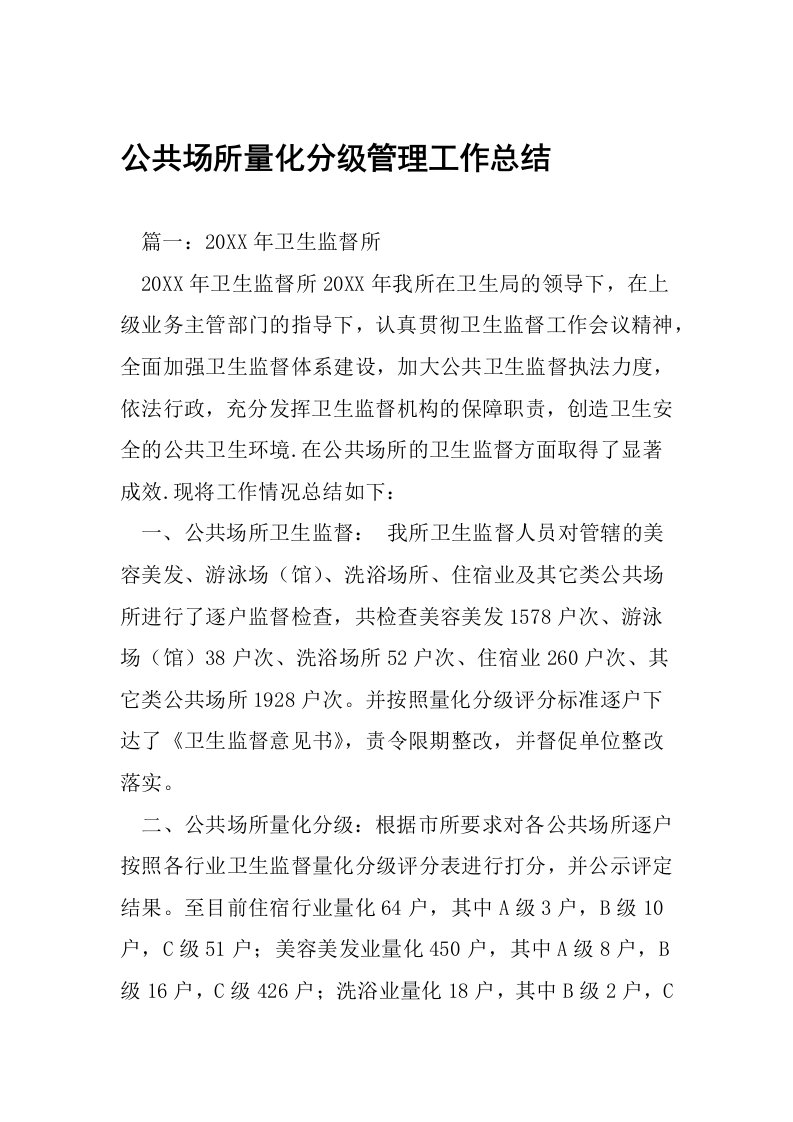 公共场所量化分级管理工作总结