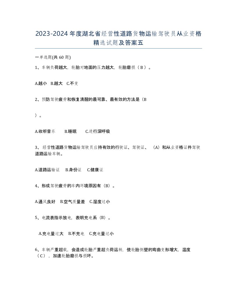 2023-2024年度湖北省经营性道路货物运输驾驶员从业资格试题及答案五