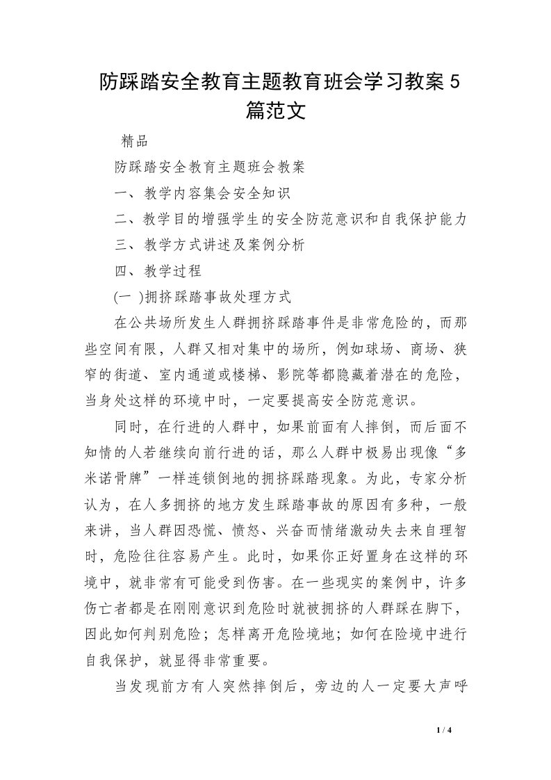 防踩踏安全教育主题教育班会学习教案5篇范文