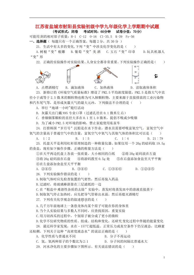 江苏省盐城市射阳县实验初级中学九级化学上学期期中试题（无答案）