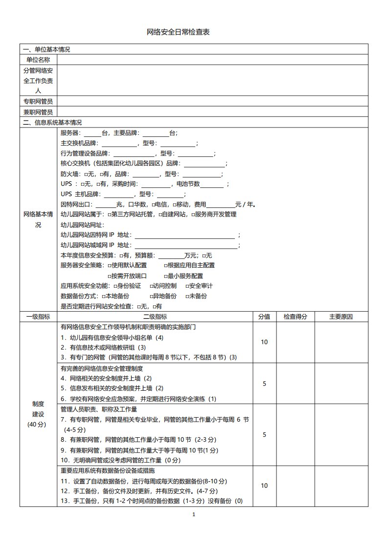 网络安全日常检查表