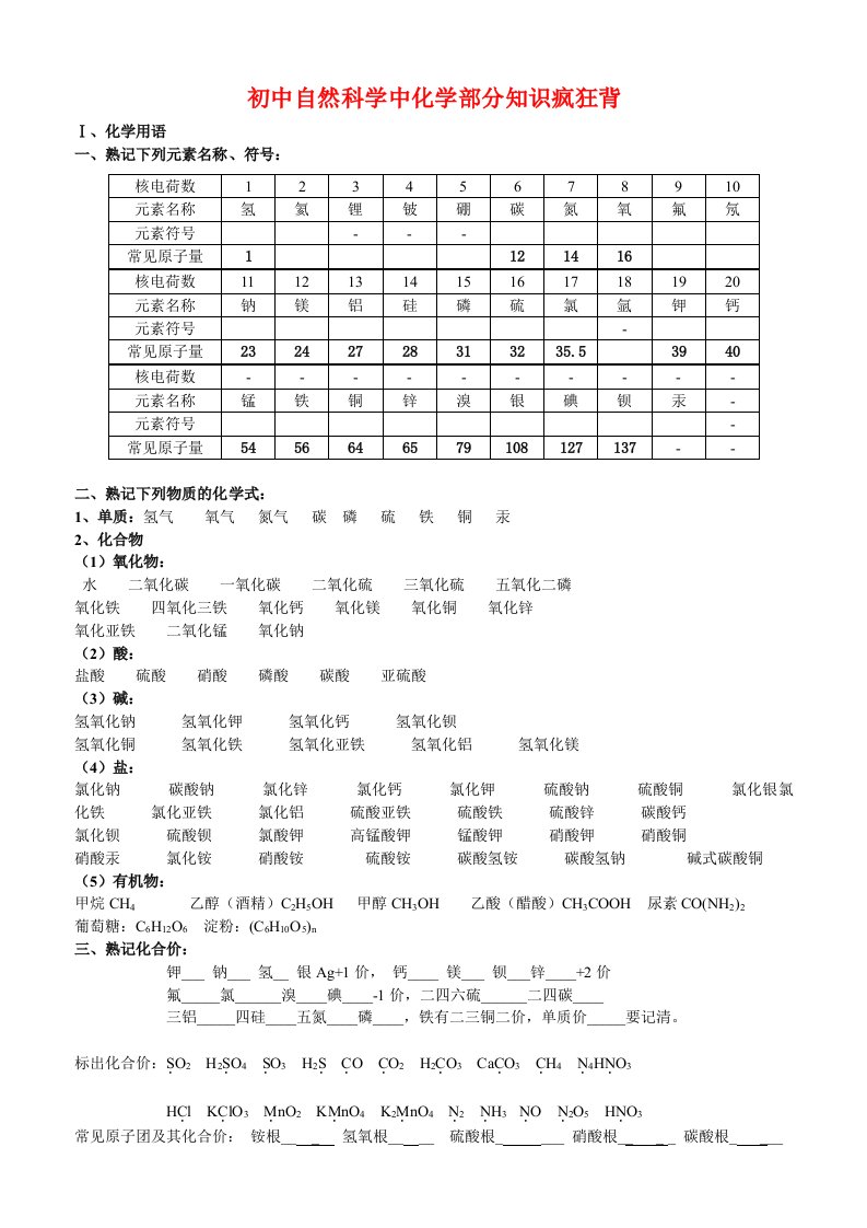 初中自然科学中化学部分的知识疯狂背(学生用)