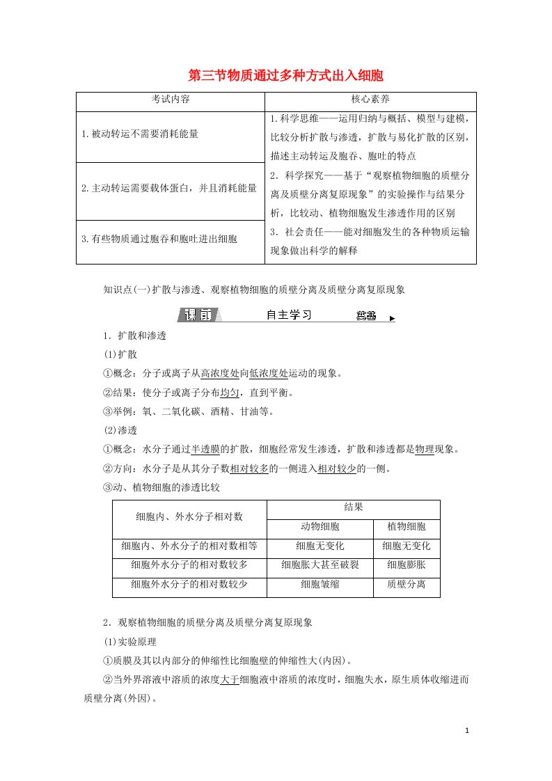 2021_2022新教材高中生物第三章细胞的代谢第三节物质通过多种方式出入细胞学案浙科版必修1