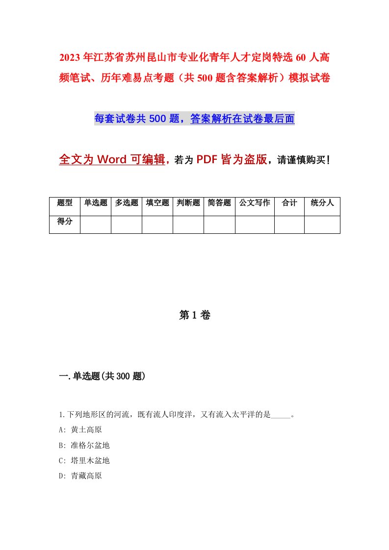 2023年江苏省苏州昆山市专业化青年人才定岗特选60人高频笔试历年难易点考题共500题含答案解析模拟试卷