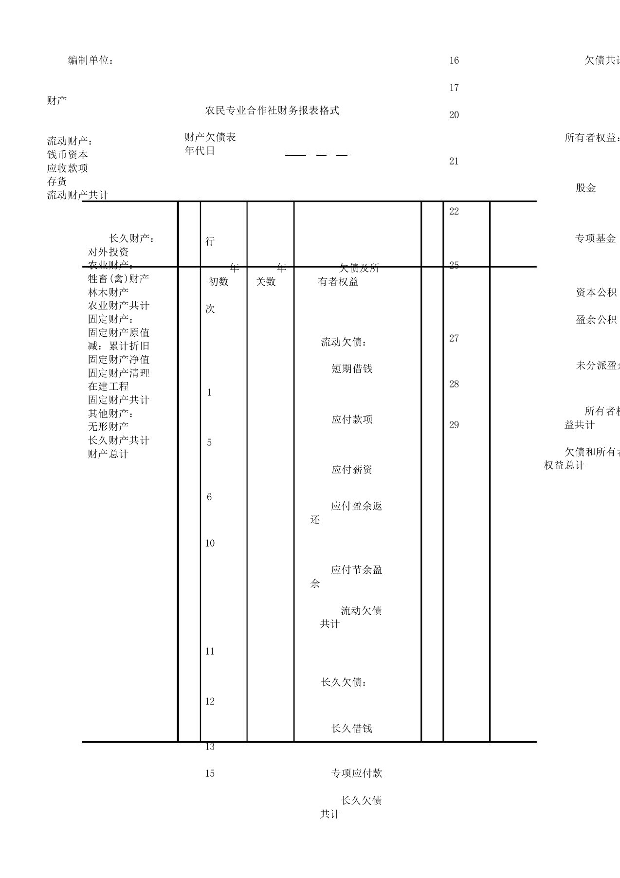 农民专业合作社资产负债表格式