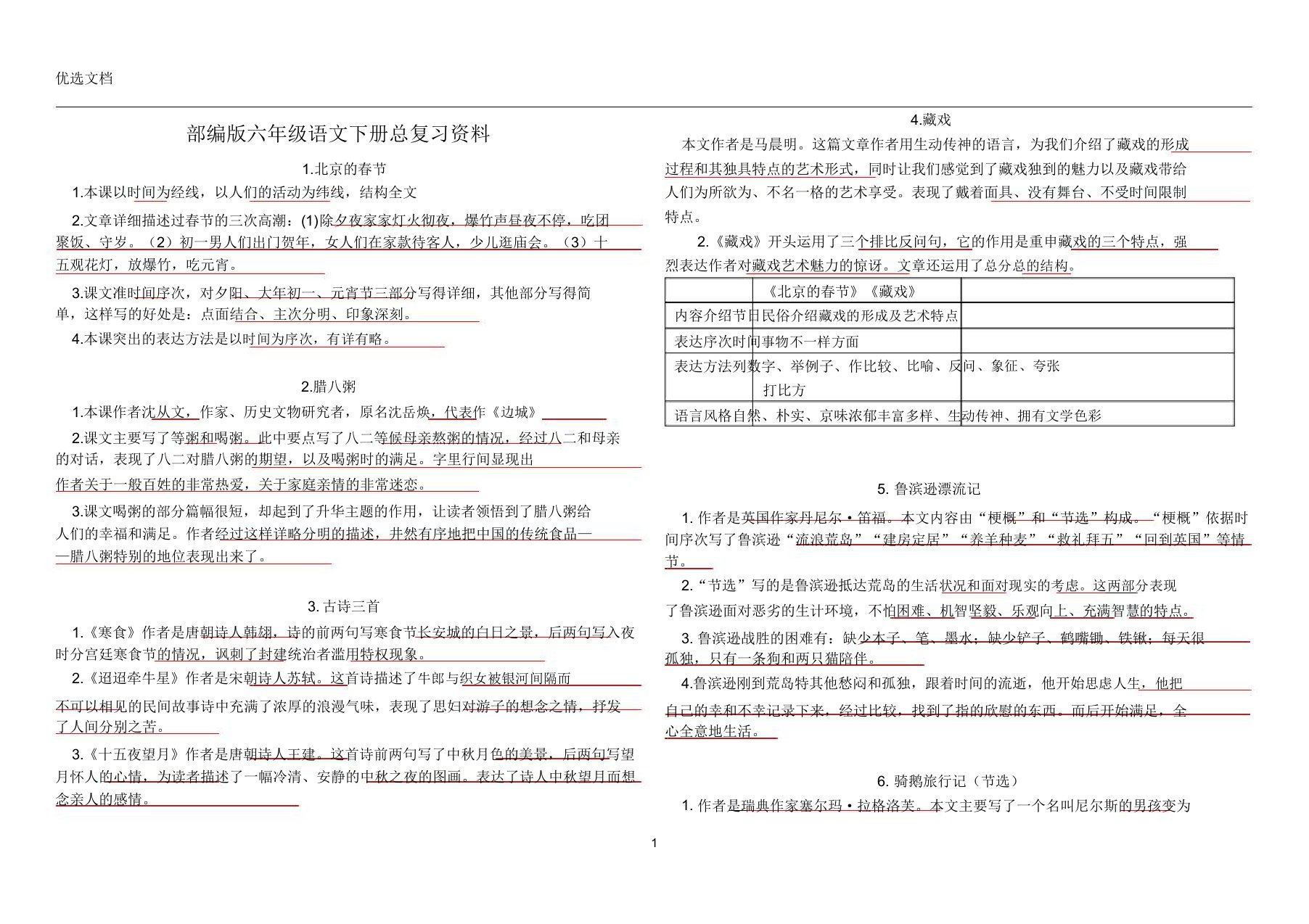 2020年人教部编六年级语文下册总复习资料