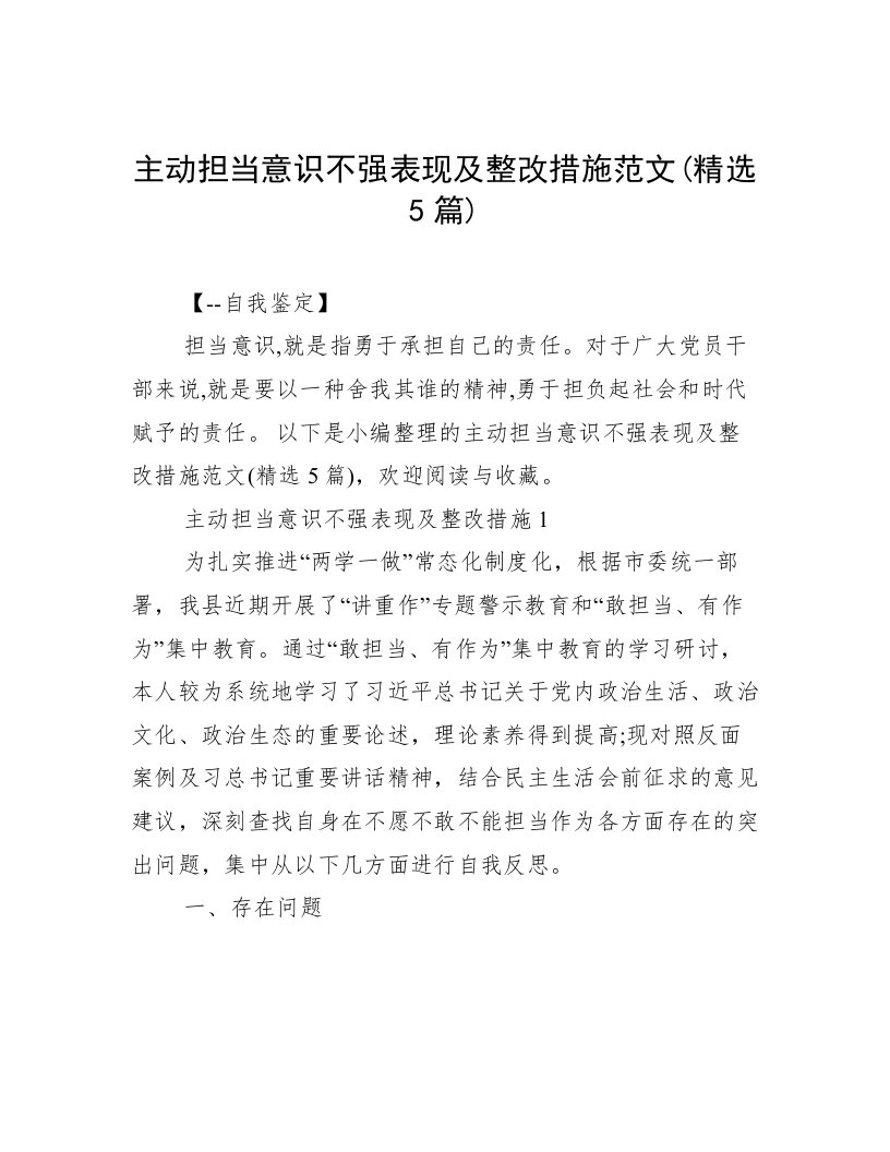 主动担当意识不强表现及整改措施范文(精选5篇)