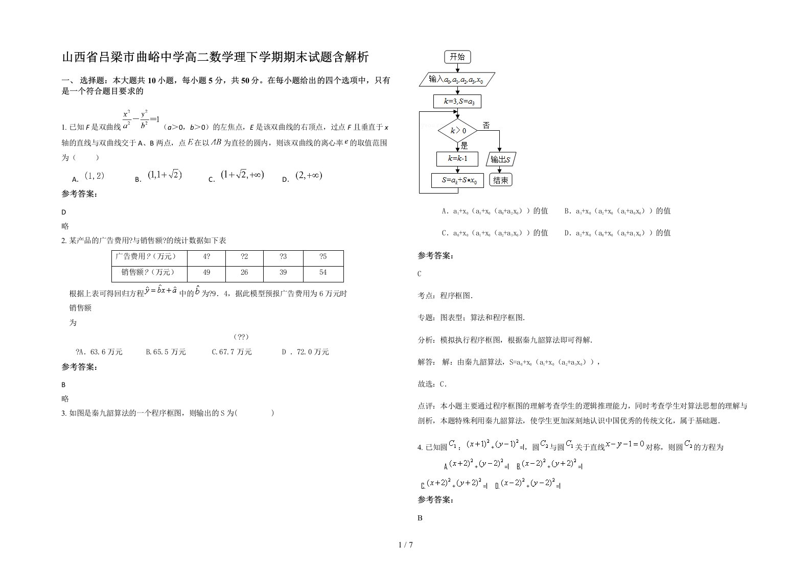 山西省吕梁市曲峪中学高二数学理下学期期末试题含解析